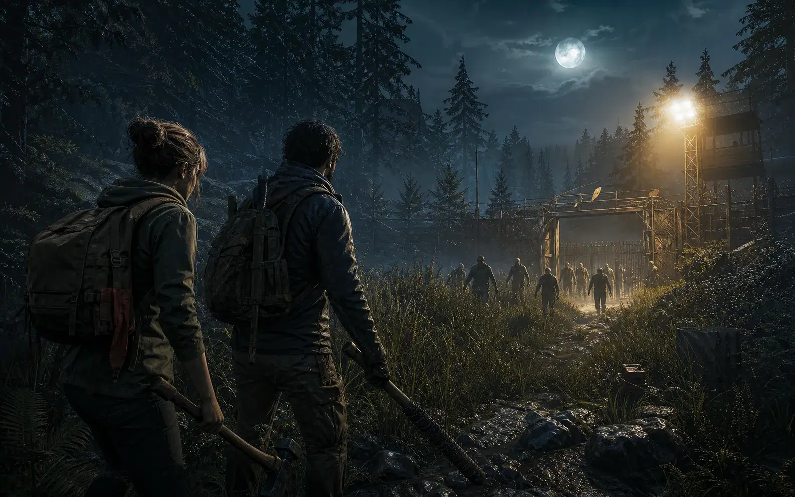 Two survivors face an approaching horde at a moonlit ridge outpost.