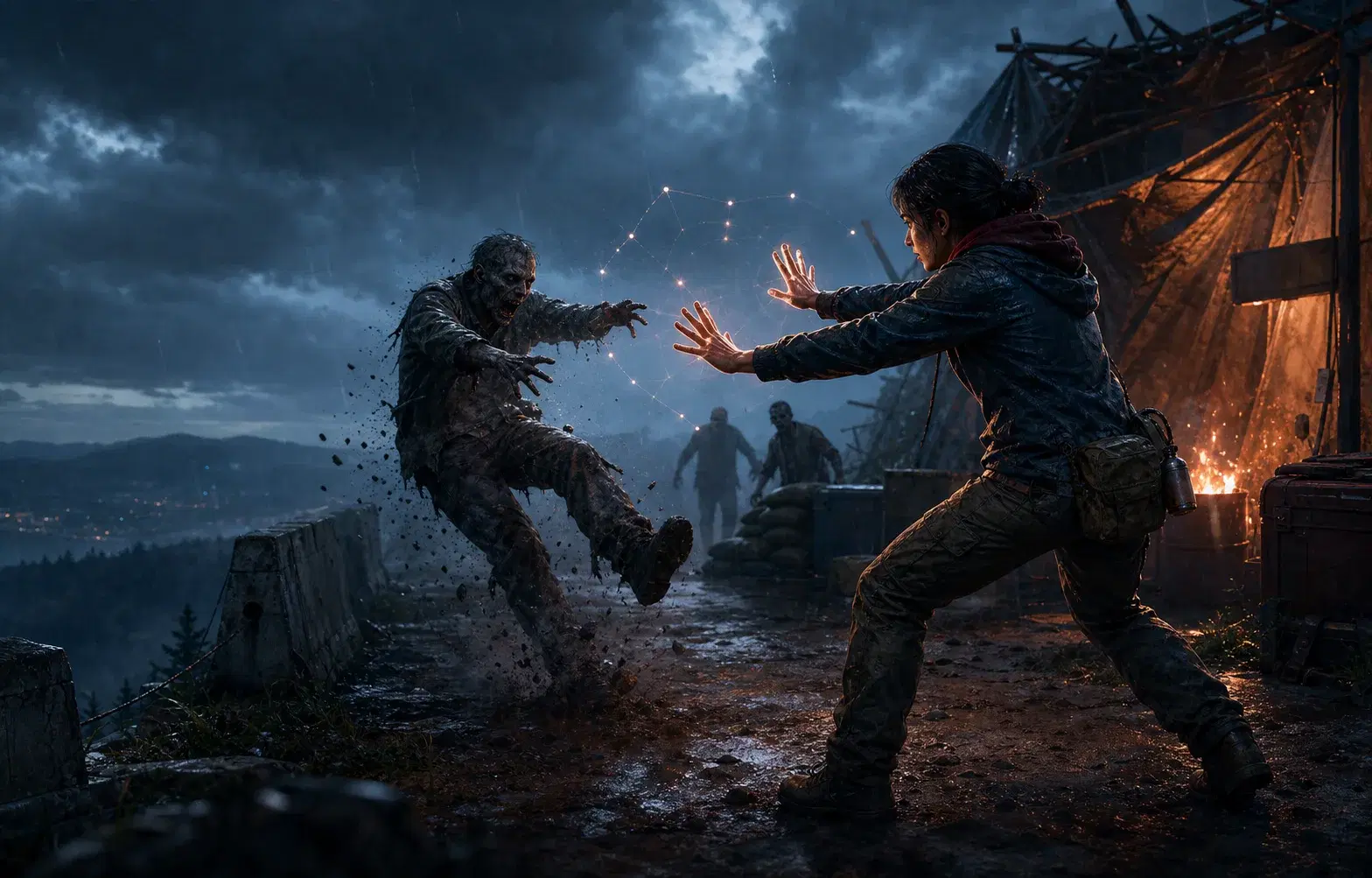 A survivor uses an open-hand gesture to stop an attacking zombie.